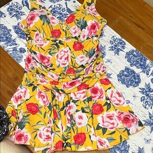Floral Yellow  with Pink and Red Roses One Piece Swimsuit with Boxershort Under